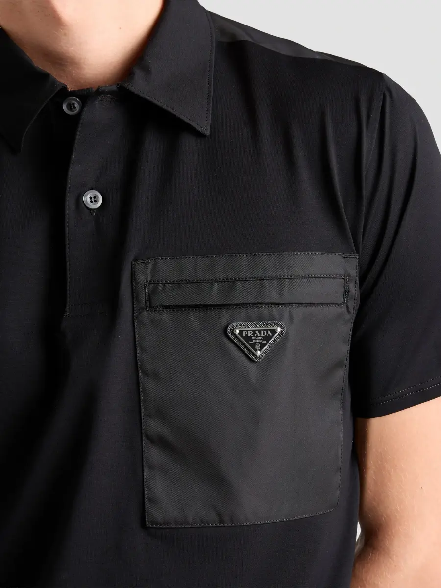 Prada Men's Stretch Cotton Polo Shirt with Re-Nylon Details - Black | Thumbnail 7 Prada Men's Stretch Cotton Polo Shirt with Re-Nylon Details - Black | Thumbnail 7