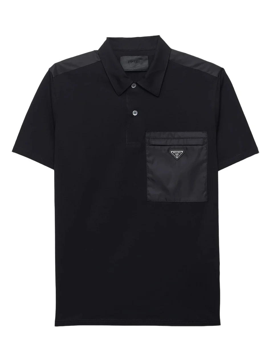 Prada Men's Stretch Cotton Polo Shirt with Re-Nylon Details - Black