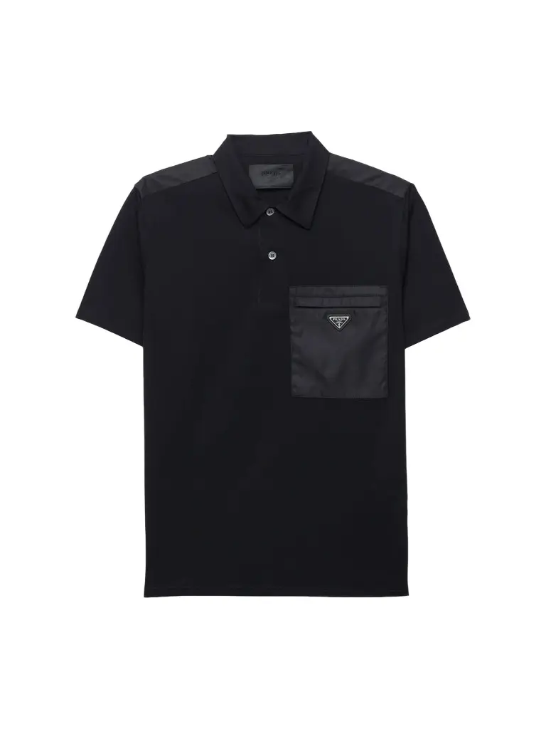 Prada Men's Stretch Cotton Polo Shirt with Re-Nylon Details - Black