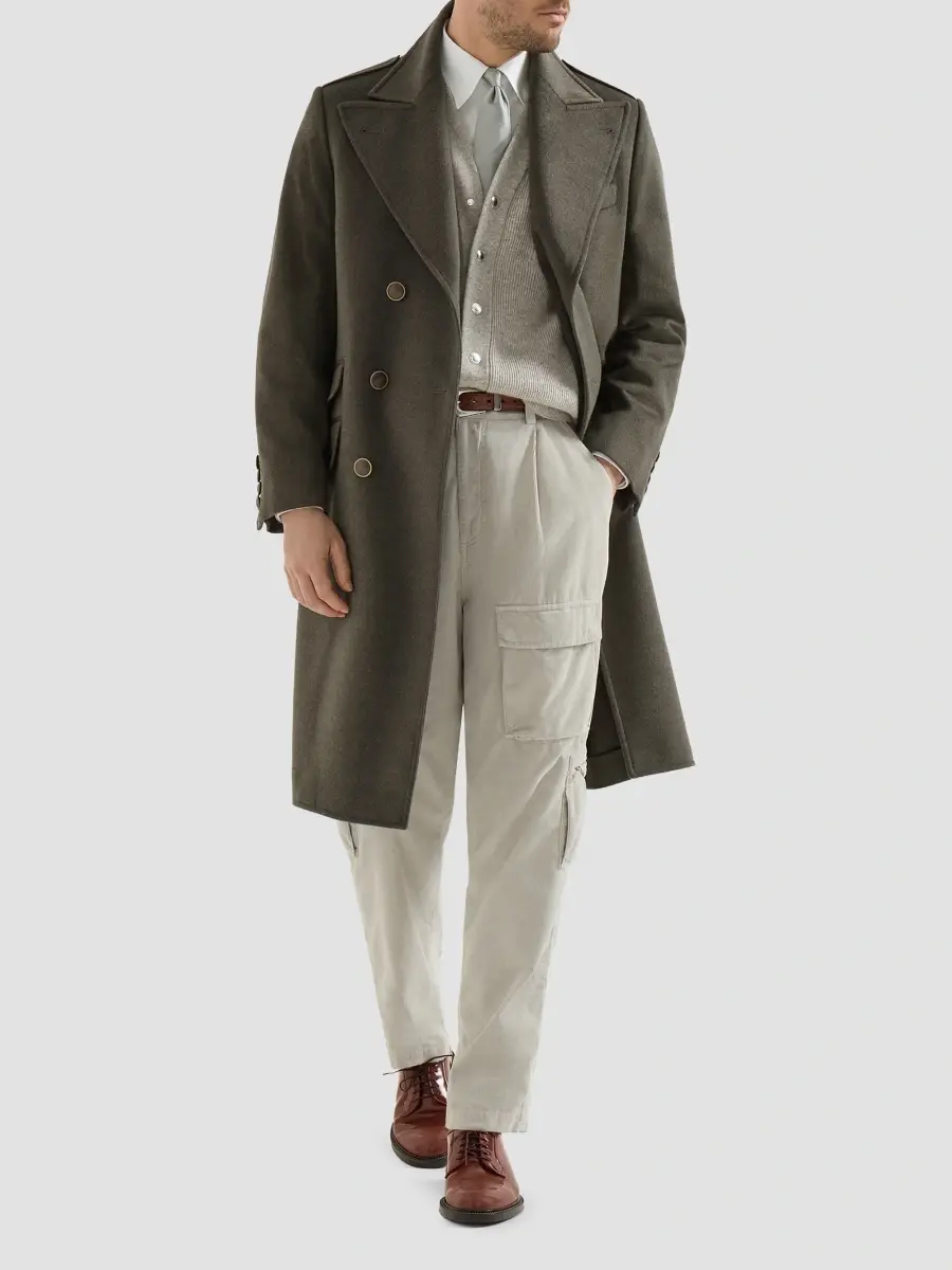 Brunello Cucinelli Men's Cashmere Cardigan with Chest Pockets and Snap Buttons - Stone Grey | Thumbnail 2