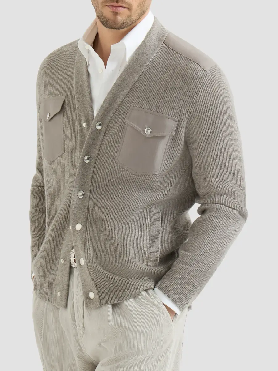 Brunello Cucinelli Men's Cashmere Cardigan with Chest Pockets and Snap Buttons - Stone Grey | Thumbnail 3