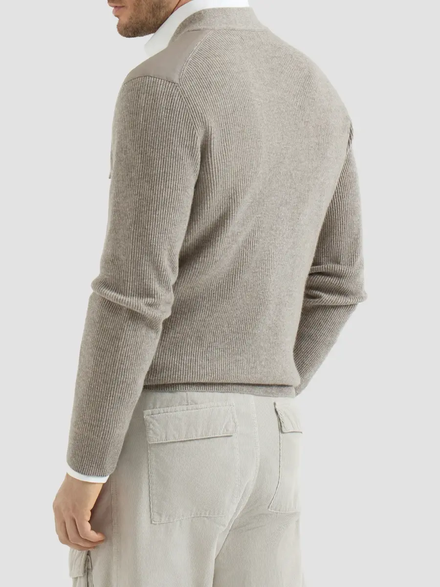 Brunello Cucinelli Men's Cashmere Cardigan with Chest Pockets and Snap Buttons - Stone Grey | Thumbnail 4