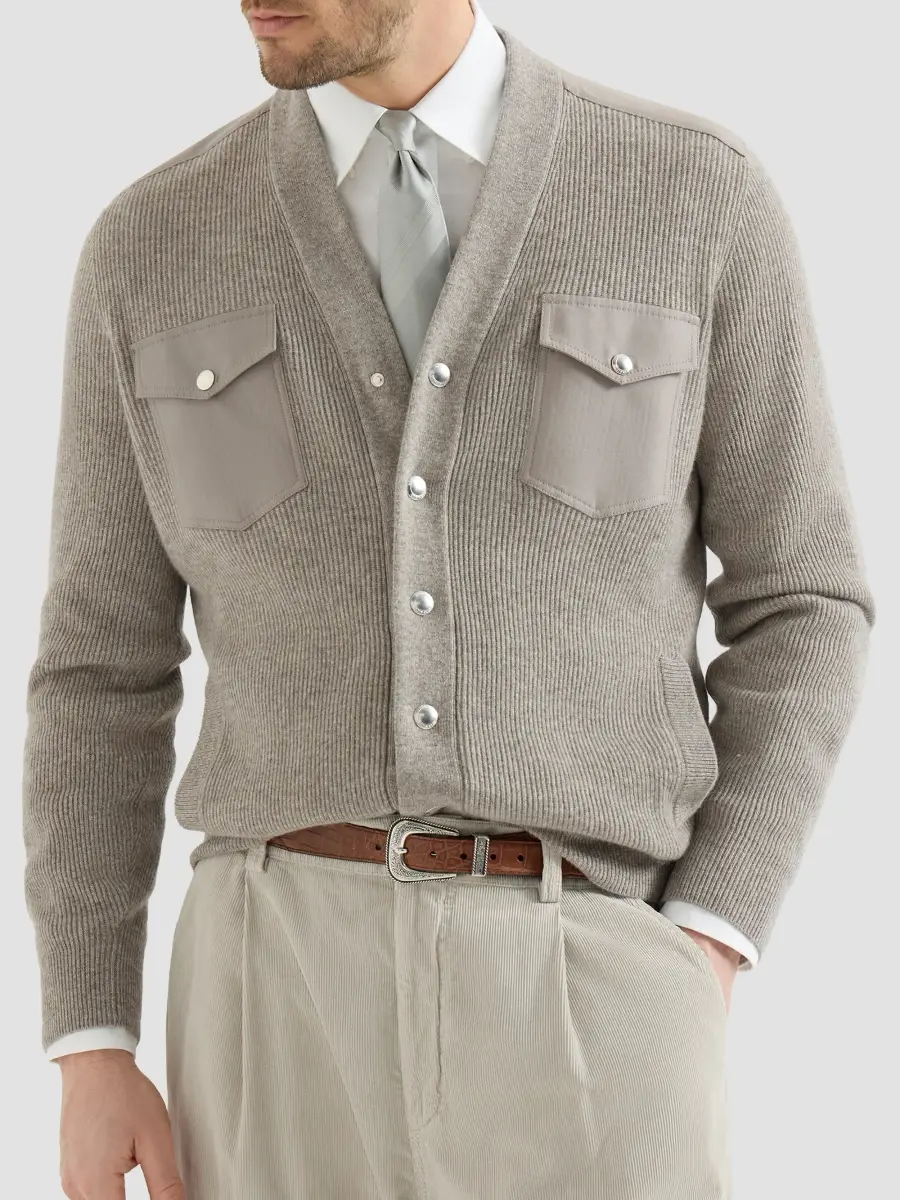 Brunello Cucinelli Men's Cashmere Cardigan with Chest Pockets and Snap Buttons - Stone Grey | Thumbnail 5