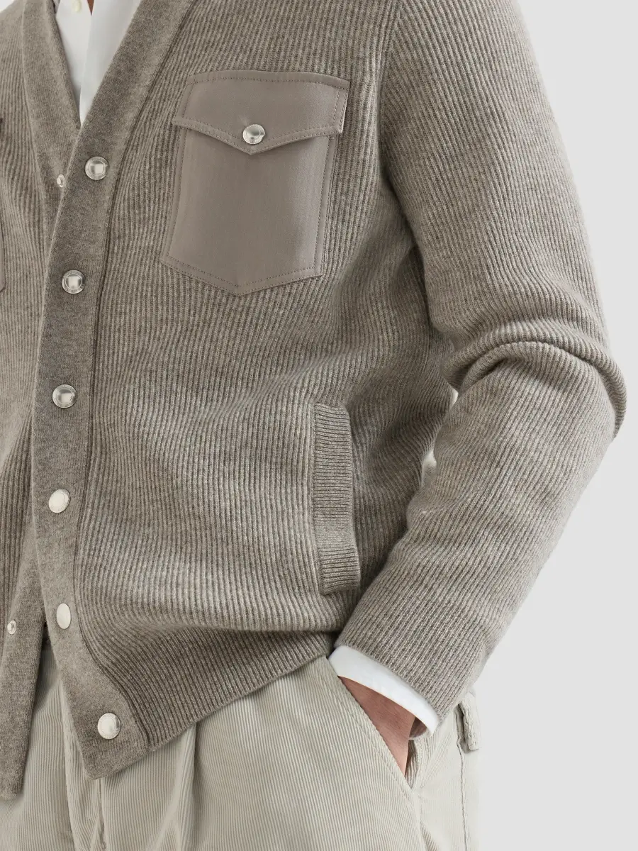 Brunello Cucinelli Men's Cashmere Cardigan with Chest Pockets and Snap Buttons - Stone Grey | Thumbnail 6