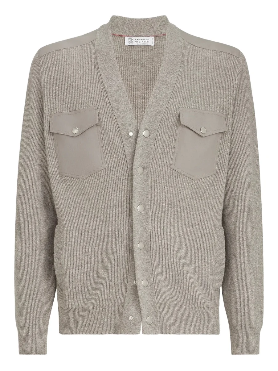 Men's Cashmere Cardigan with Chest Pockets and Snap Buttons - Stone Grey Men's Cashmere Cardigan with Chest Pockets and Snap Buttons - Stone Grey