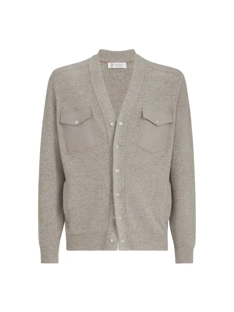 Brunello Cucinelli Men's Cashmere Cardigan with Chest Pockets and Snap Buttons - Stone Grey