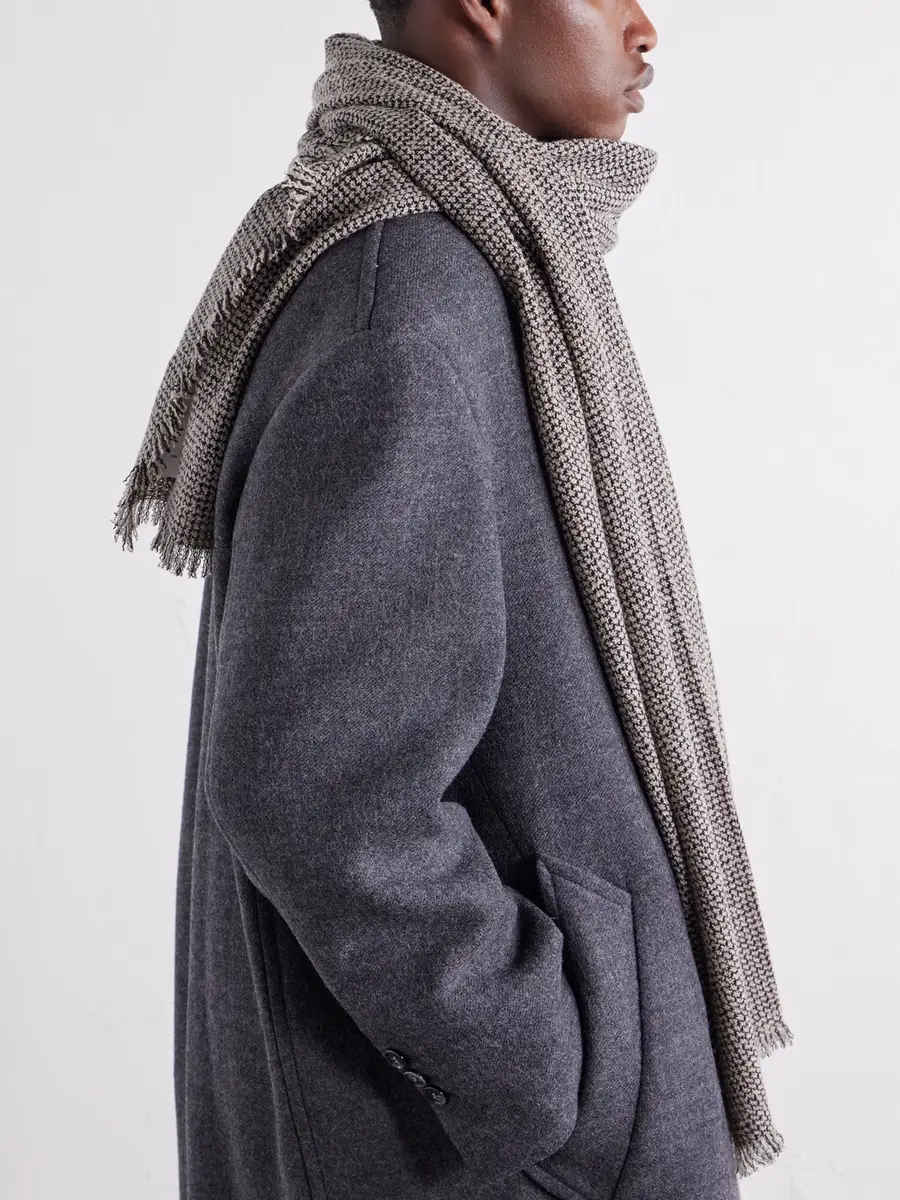 ATON Logo-Appliquéd Fringed Cashmere-Bouclé Scarf - Men | Thumbnail 3