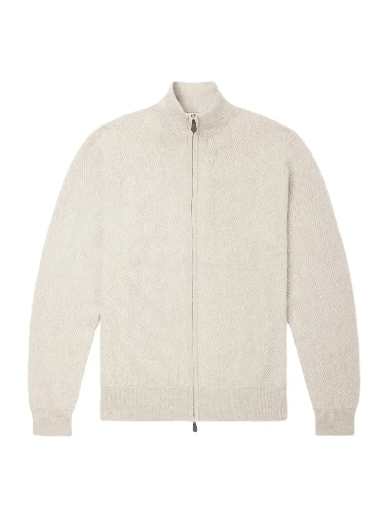 Knightsbridge Herringbone Cashmere Zip-Up Cardigan - Men