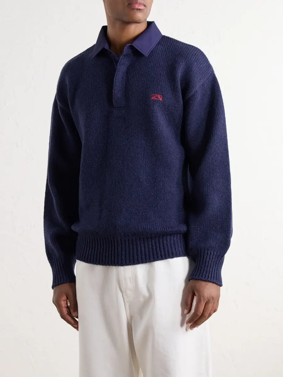 Loewe Logo-Embroidered Cotton Twill-Trimmed Wool-Blend Polo Sweater - Men | Thumbnail 3 Loewe Logo-Embroidered Cotton Twill-Trimmed Wool-Blend Polo Sweater - Men | Thumbnail 3