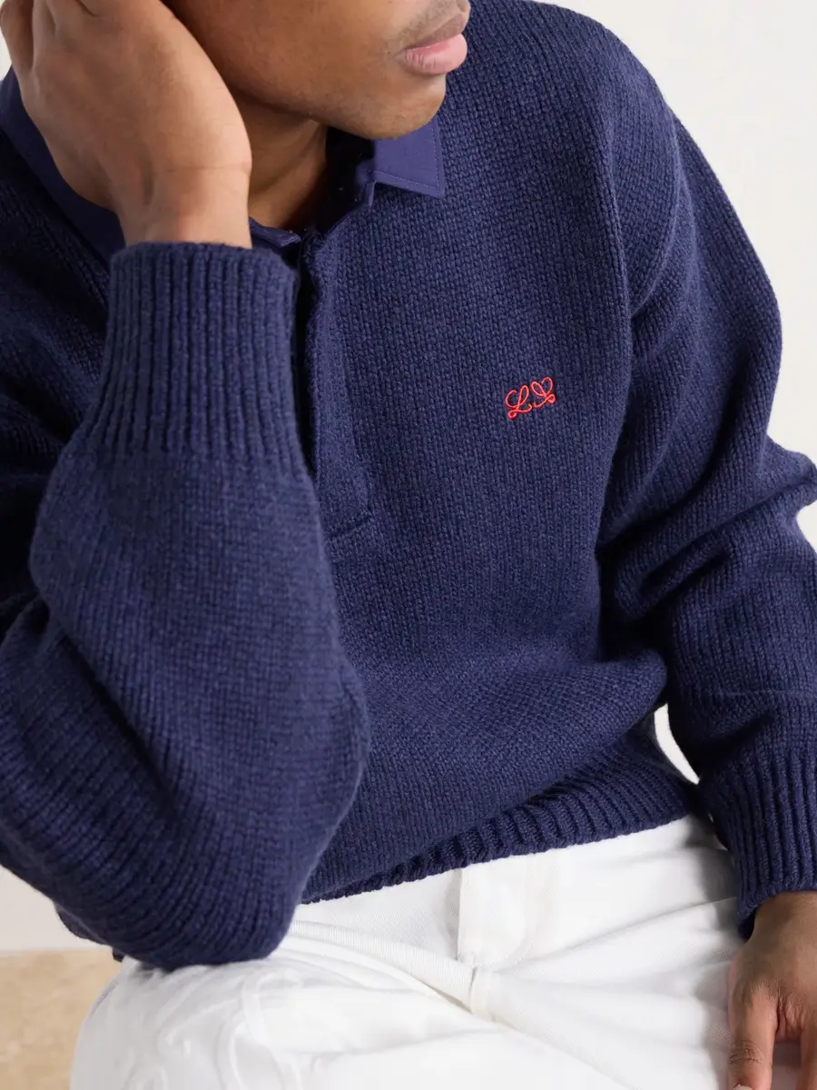 Loewe Logo-Embroidered Cotton Twill-Trimmed Wool-Blend Polo Sweater - Men | Thumbnail 5 Loewe Logo-Embroidered Cotton Twill-Trimmed Wool-Blend Polo Sweater - Men | Thumbnail 5