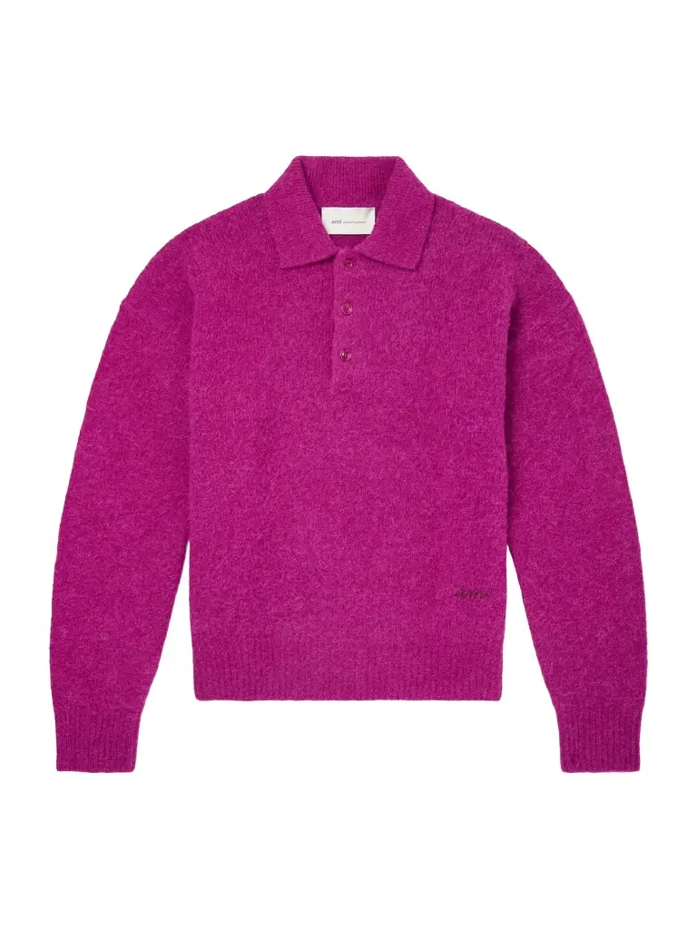 AMI PARIS Logo-Embroidered Brushed Wool-Blend Polo Shirt - Men