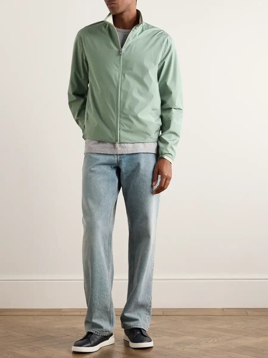 Zegna Leather-Trimmed Silk Bomber Jacket - Men | Thumbnail 2 Zegna Leather-Trimmed Silk Bomber Jacket - Men | Thumbnail 2