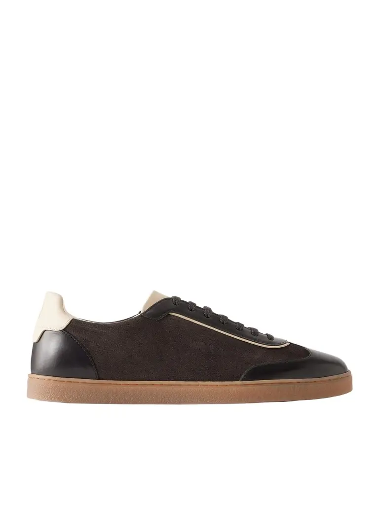 Brunello Cucinelli Leather-Trimmed Waxed Herringbone-Printed Suede Sneakers - Men