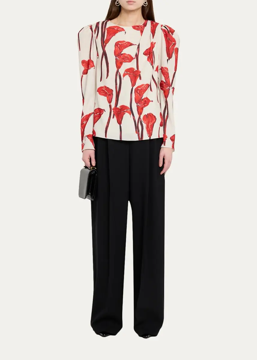 Carolina Herrera Cala Lily Crepe Draped-Sleeve Blouse | Thumbnail 2 Carolina Herrera Cala Lily Crepe Draped-Sleeve Blouse | Thumbnail 2