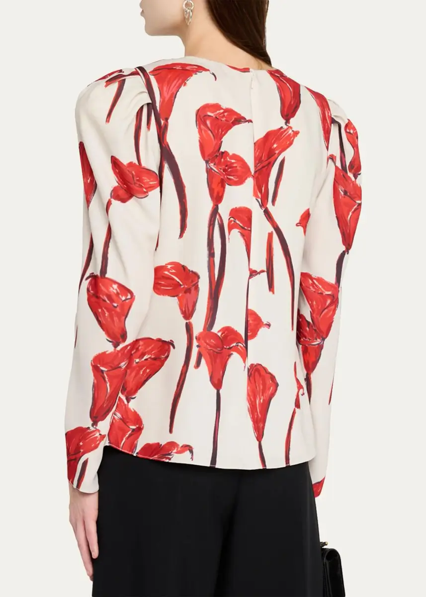 Carolina Herrera Cala Lily Crepe Draped-Sleeve Blouse | Thumbnail 3 Carolina Herrera Cala Lily Crepe Draped-Sleeve Blouse | Thumbnail 3