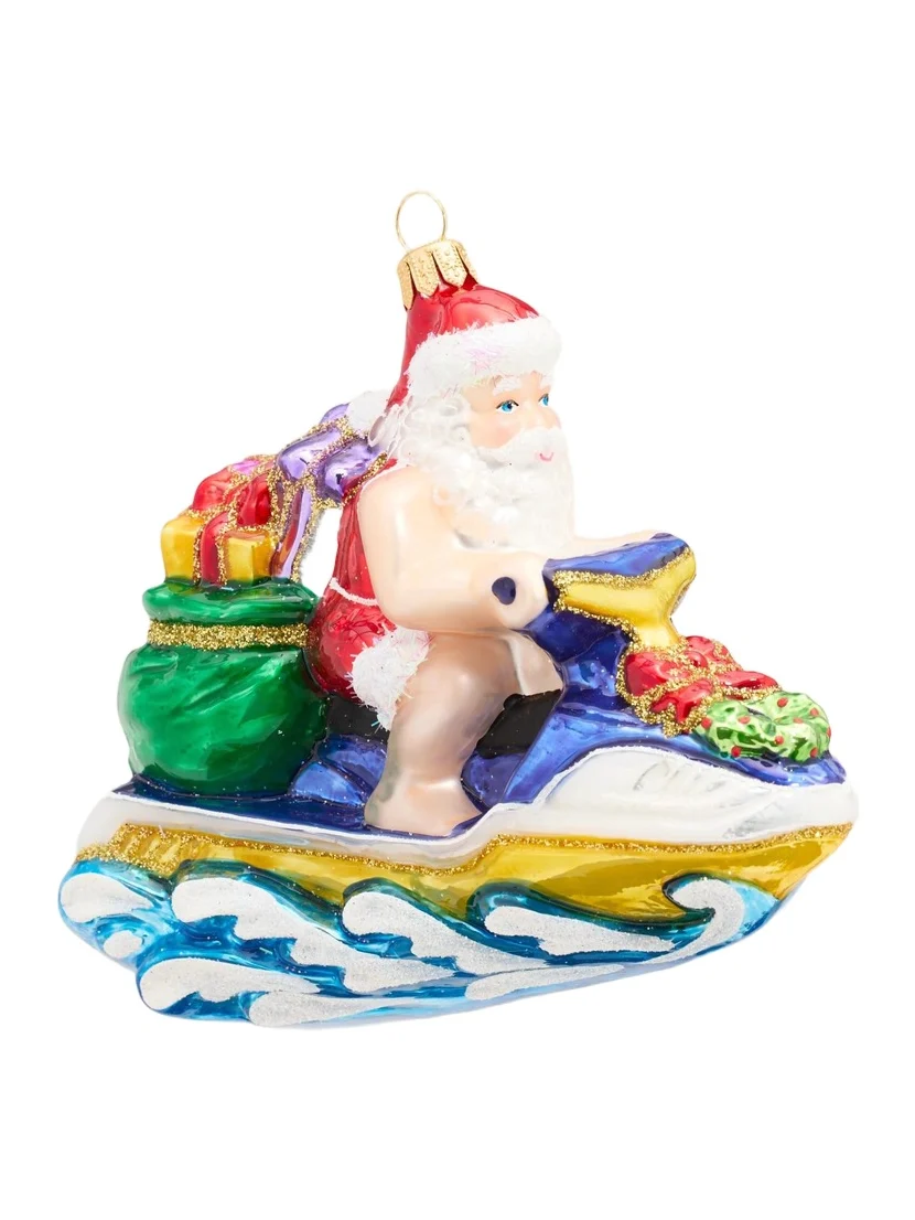 Exclusive Santa On Jet Ski Glass Ornament