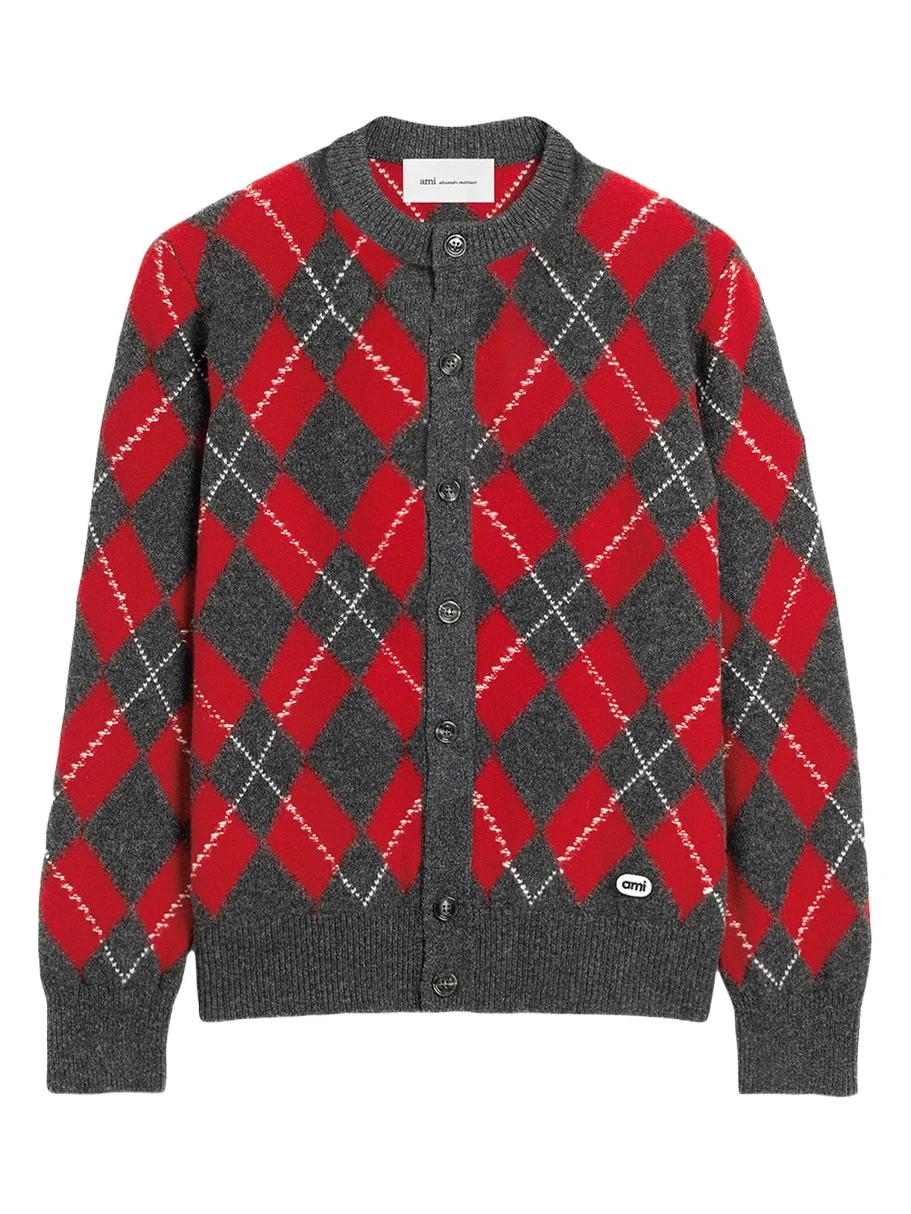 AMI PARIS Men's Argyle Wool Crewneck Cardigan