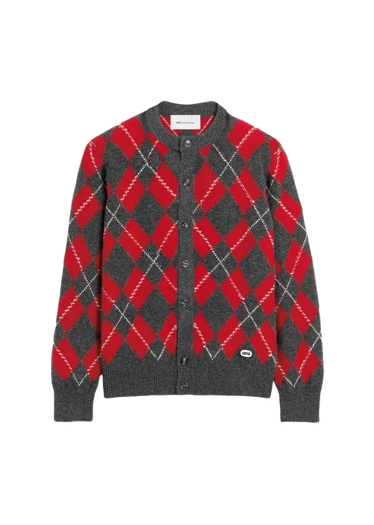 AMI PARIS Men's Argyle Wool Crewneck Cardigan