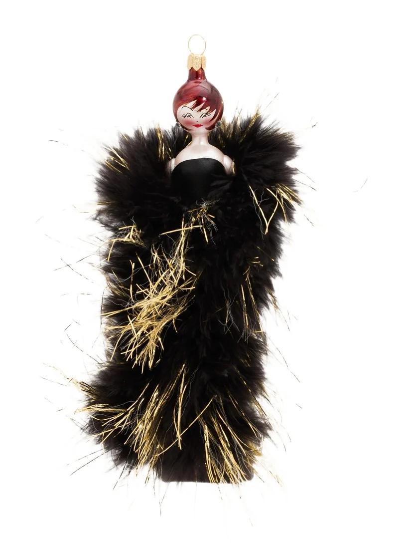 De Carlini Lady In Black & Gold Gown Glass Ornament