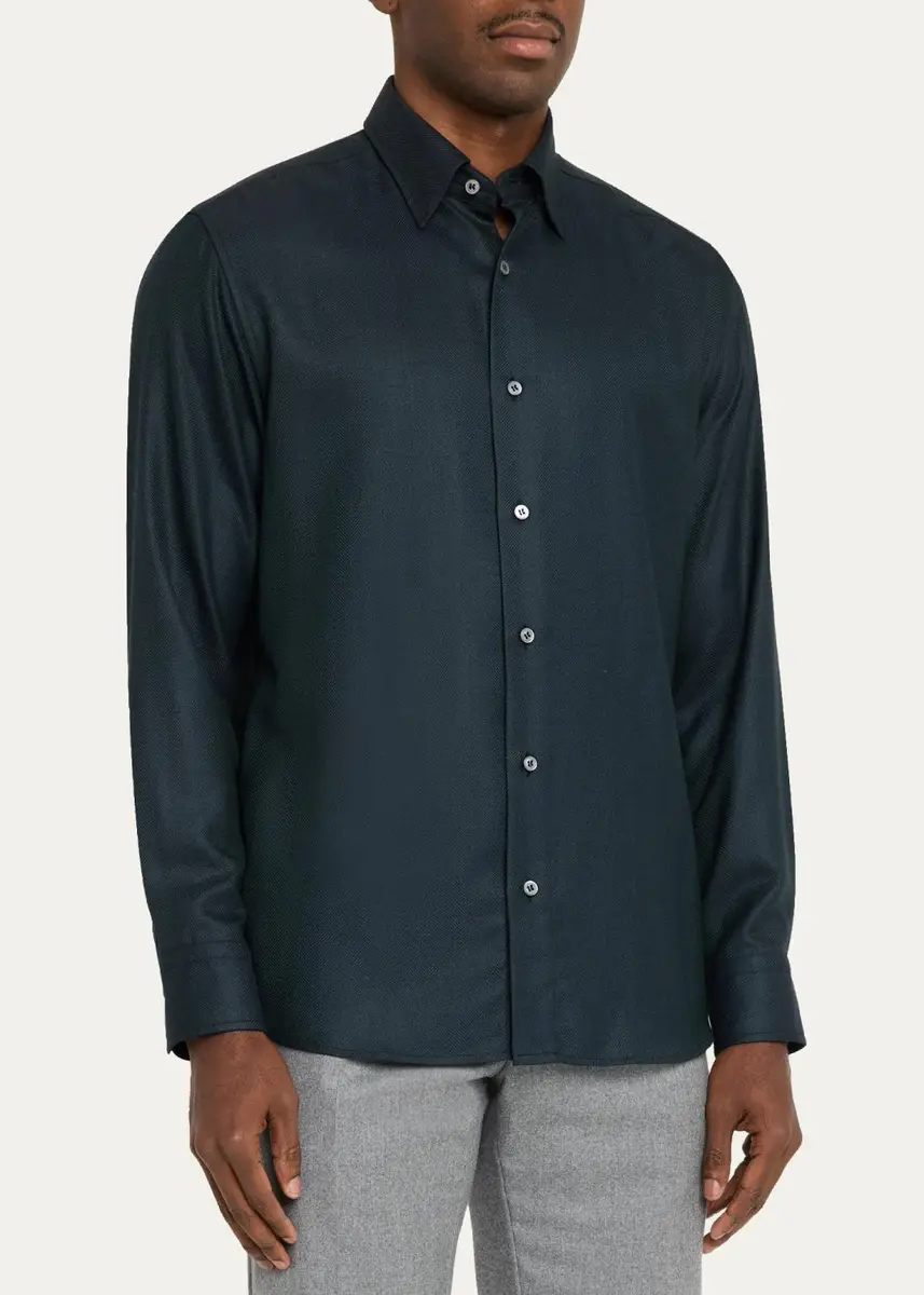 Brioni Men's Herringbone Wool Button-Front Shirt | Thumbnail 4