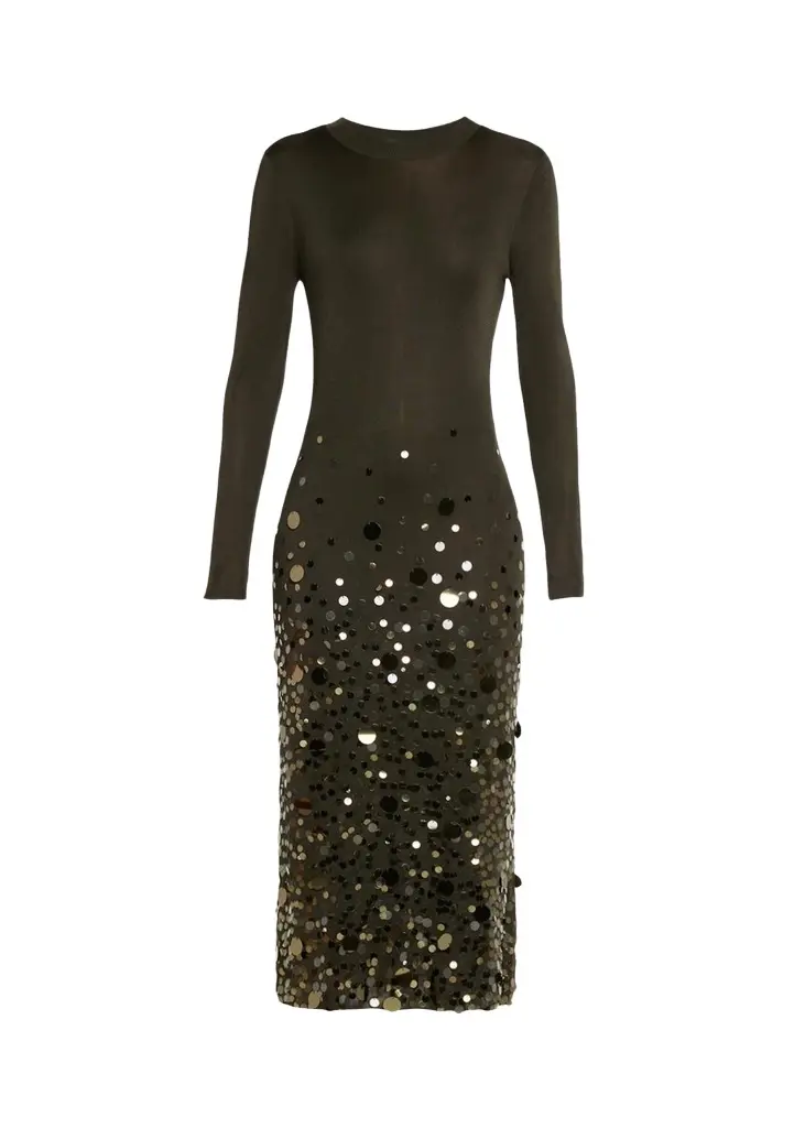 Embellished Knit Long-Sleeve Midi Dress