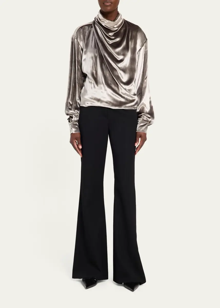 PRABAL GURUNG Draped Wrap-Neck Velvet Long-Sleeve Blouse | Thumbnail 2