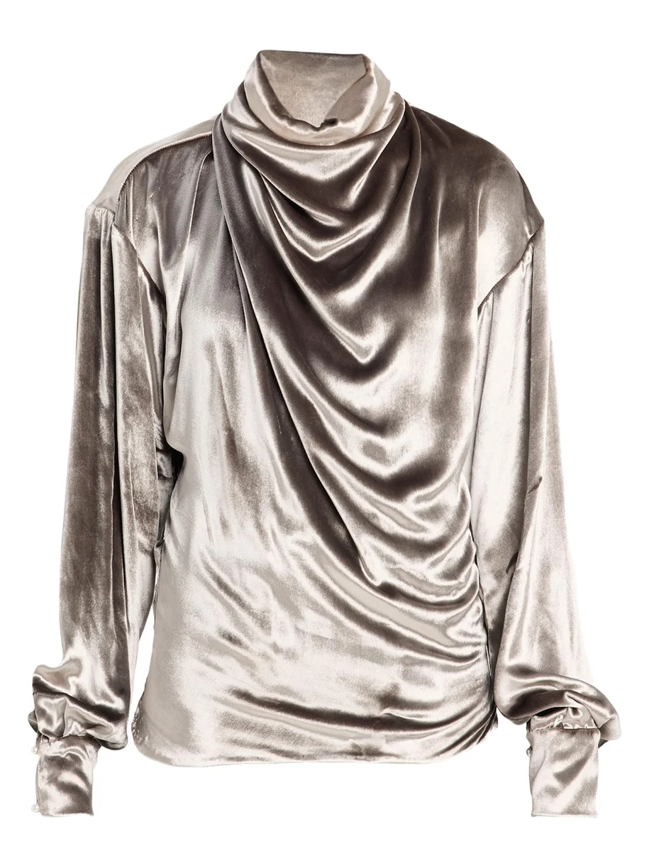 Draped Wrap-Neck Velvet Long-Sleeve Blouse Draped Wrap-Neck Velvet Long-Sleeve Blouse