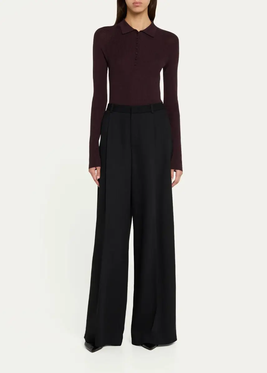 Vince Raglan-Sleeve Wool-Silk Rib Polo Sweater | Thumbnail 2