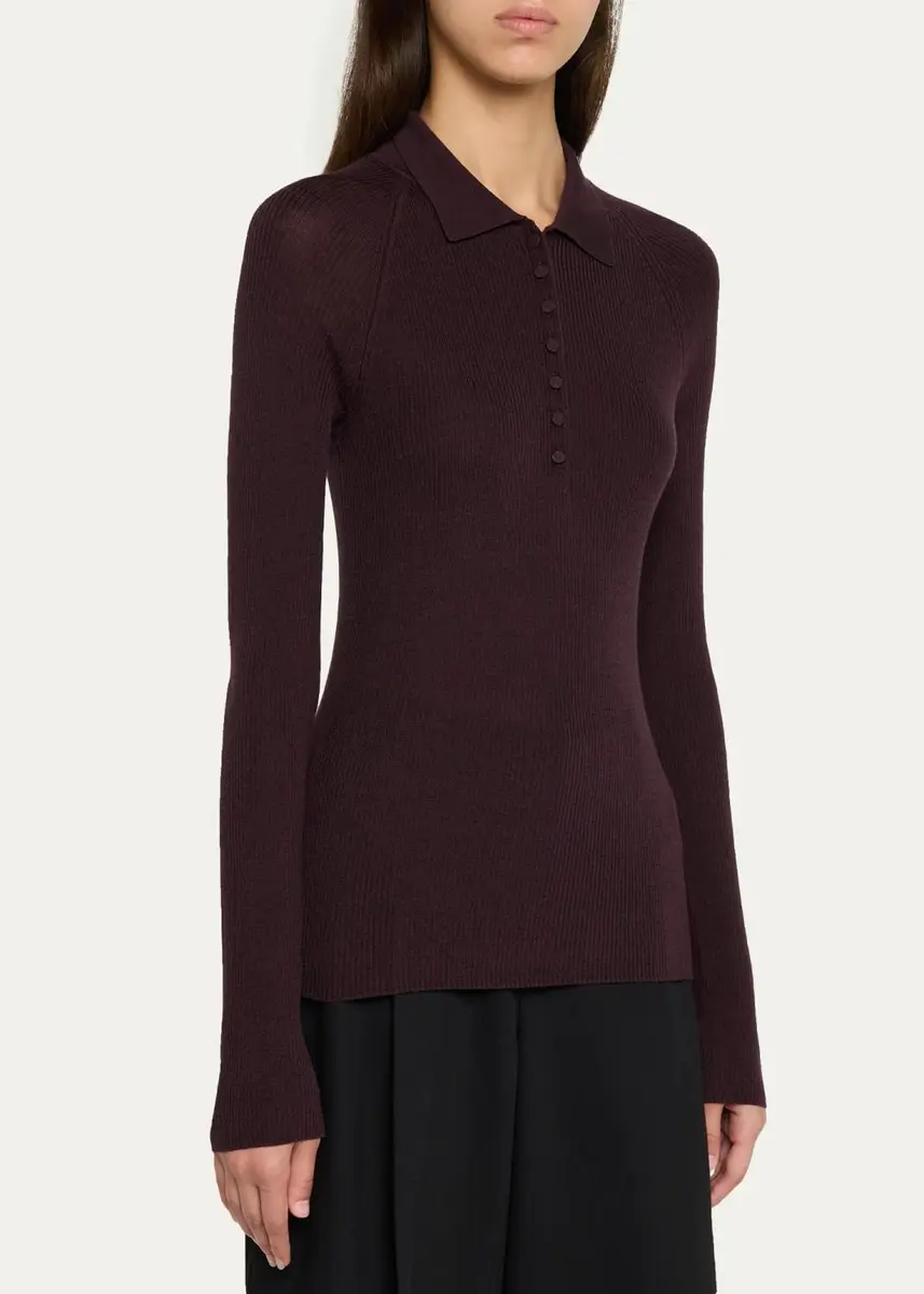 Vince Raglan-Sleeve Wool-Silk Rib Polo Sweater | Thumbnail 4