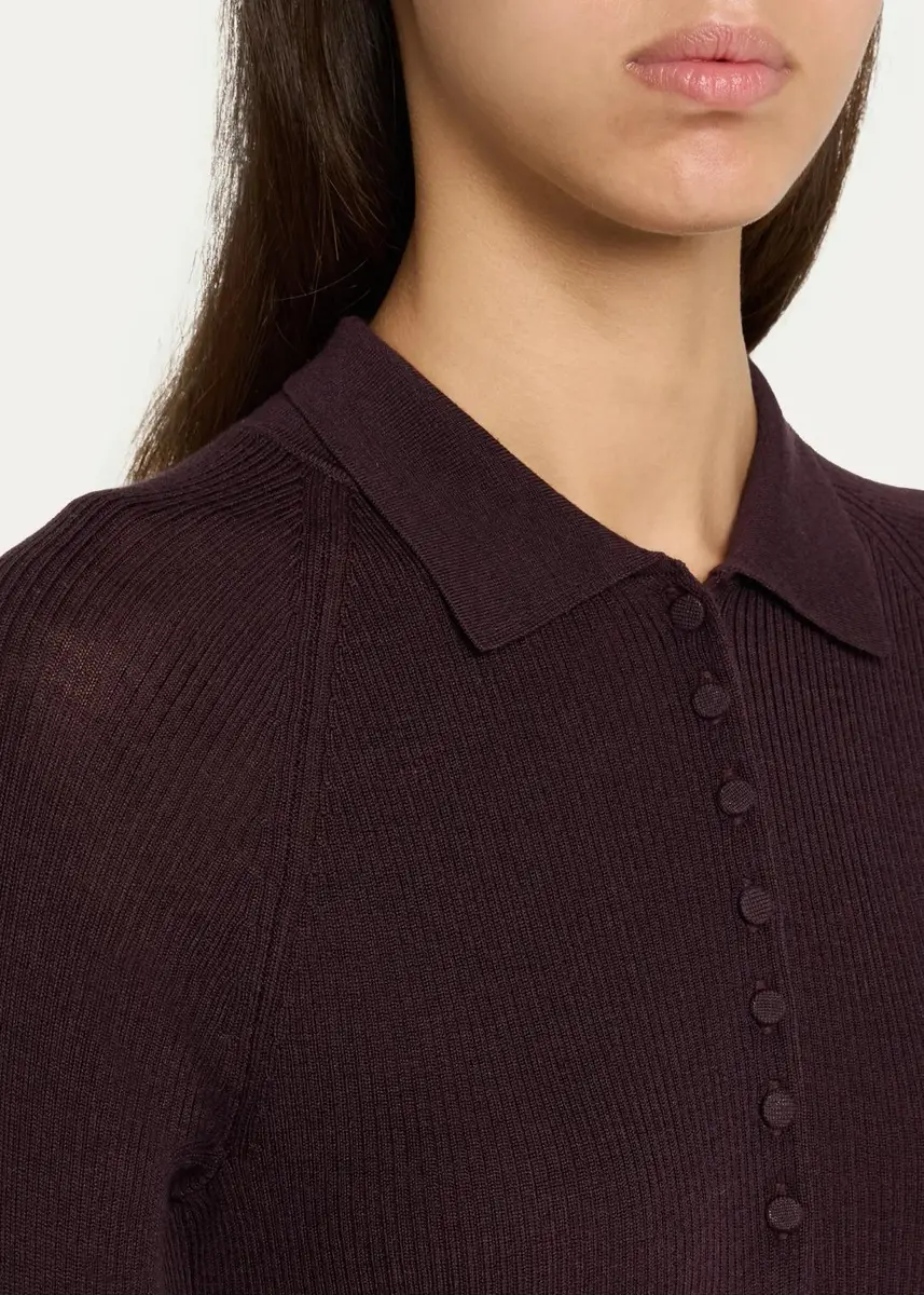 Vince Raglan-Sleeve Wool-Silk Rib Polo Sweater | Thumbnail 5