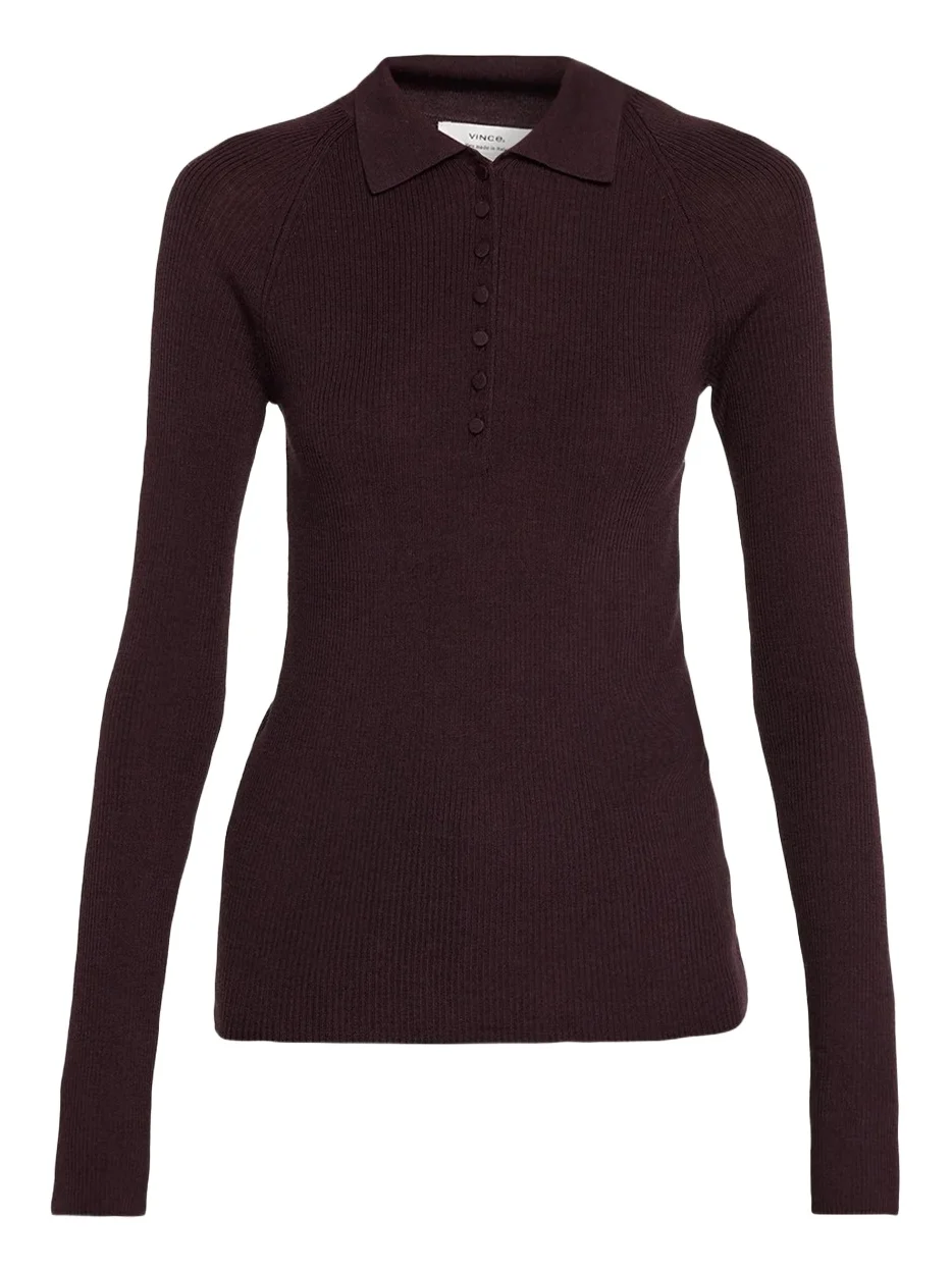 Vince Raglan-Sleeve Wool-Silk Rib Polo Sweater