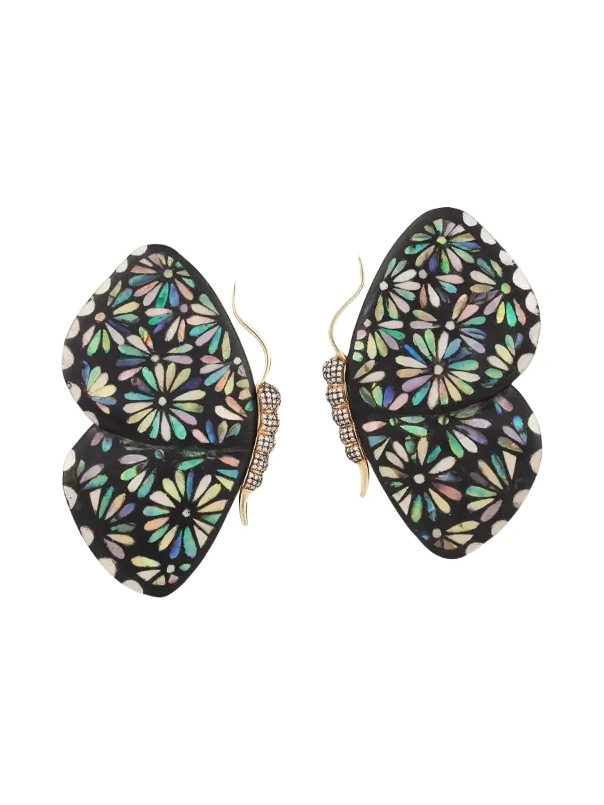 18K Yellow Gold Large Butterfly Wing Black Marquetry Earrings with Diamonds 18K Yellow Gold Large Butterfly Wing Black Marquetry Earrings with Diamonds