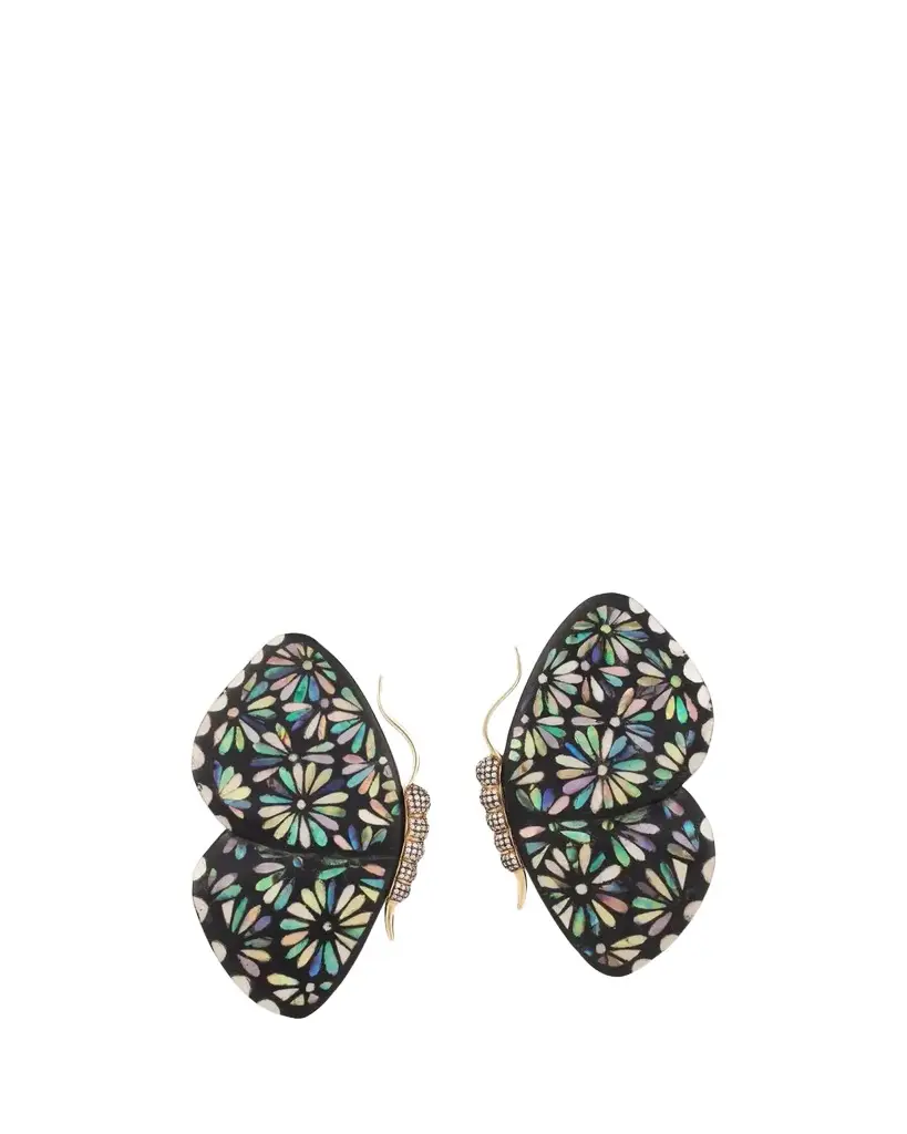 Silvia Furmanovich 18K Yellow Gold Large Butterfly Wing Black Marquetry Earrings with Diamonds