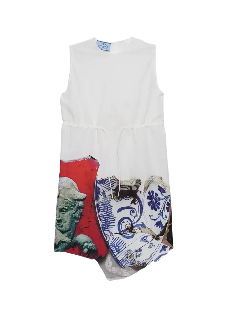 Prada Mixed-Print Cotton-Blend Drawstring Mini Dress
