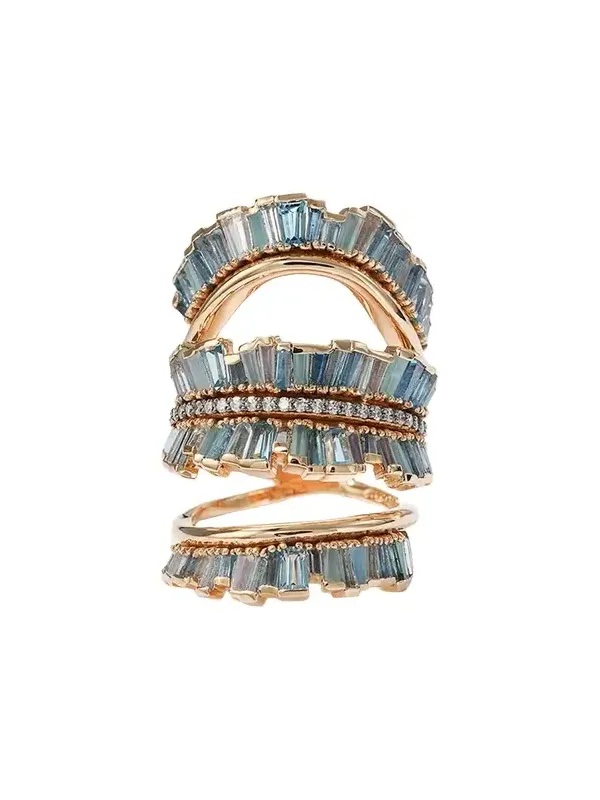 NAK ARMSTRONG Triple Ruched Ribbon Ring with Aquamarine, Blue Moonstone, Blue Peruvian Opal and White Diamond Pave