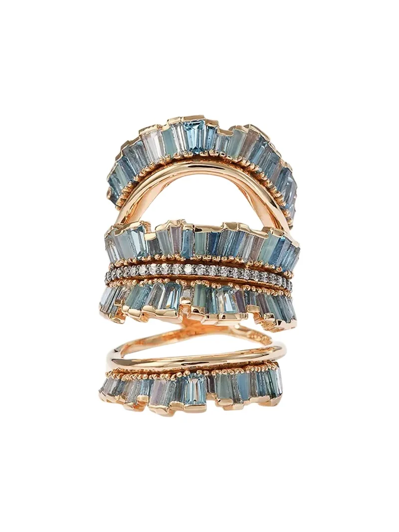 Triple Ruched Ribbon Ring with Aquamarine, Blue Moonstone, Blue Peruvian Opal and White Diamond Pave