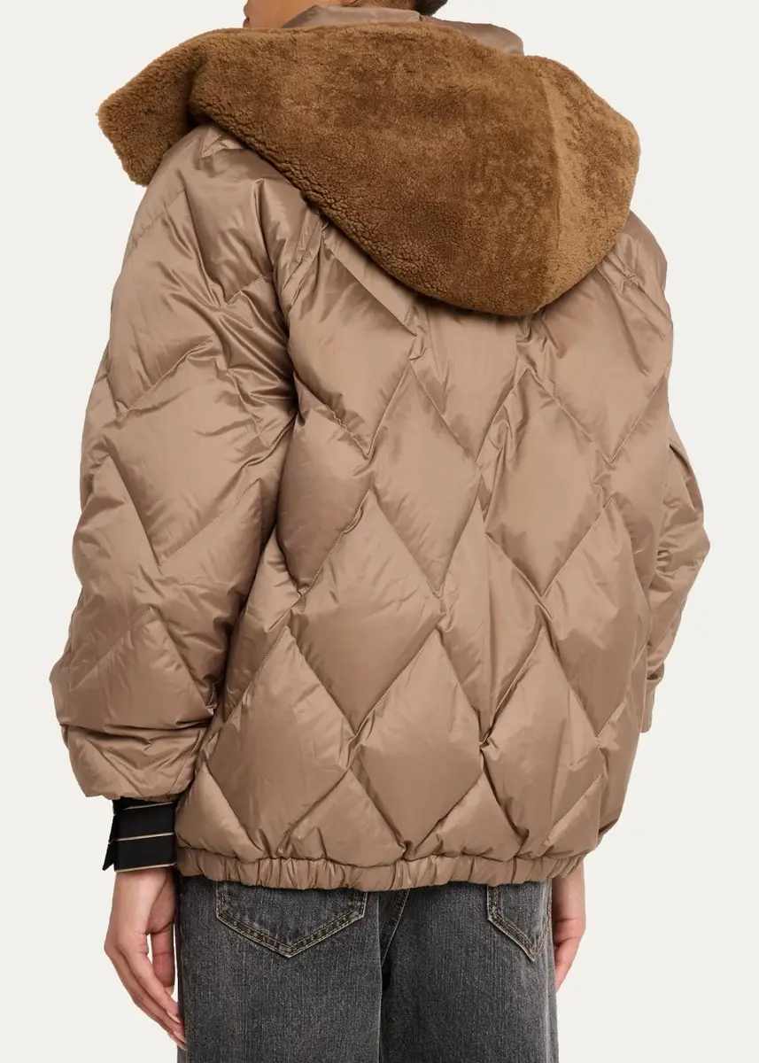 Brunello Cucinelli Superlight Matte Puffer Jacket With Detachable Lamb Shearling Hood | Thumbnail 3