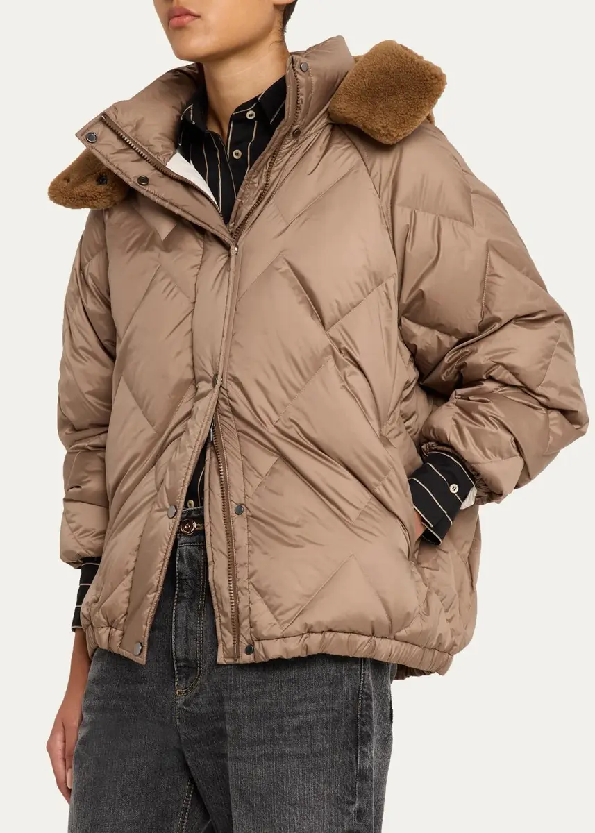 Brunello Cucinelli Superlight Matte Puffer Jacket With Detachable Lamb Shearling Hood | Thumbnail 4