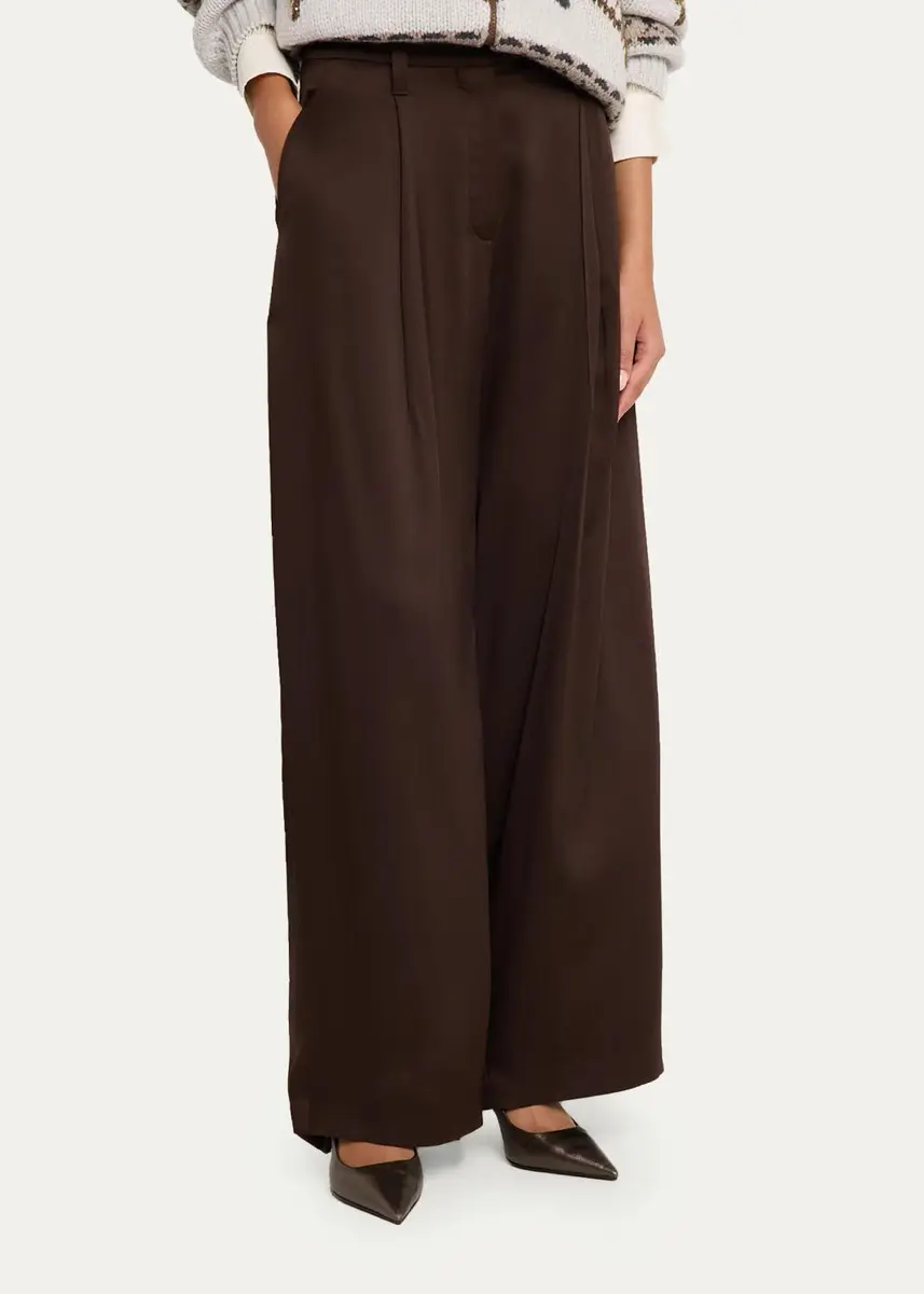 Brunello Cucinelli Fluid Silk Satin Pleated Soft Barrel-Leg Pants | Thumbnail 4