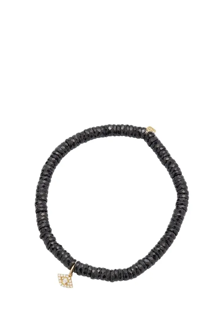 4mm Black Spinel Faceted Wheel Bracelet With Diamond Evil Eye Charm 4mm Black Spinel Faceted Wheel Bracelet With Diamond Evil Eye Charm
