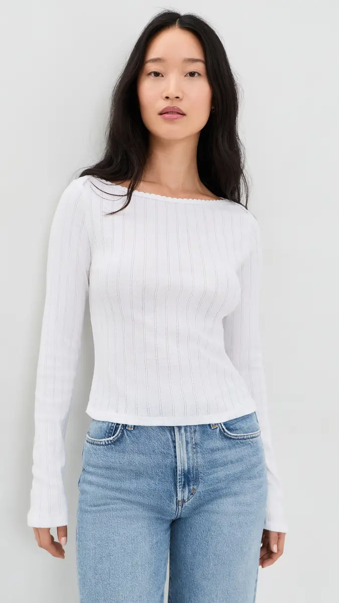 LESET Pointelle Long Sleeve Bateau Top | Thumbnail 2