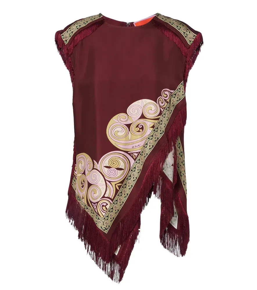 La DoubleJ Fringed printed silk twill scarf top