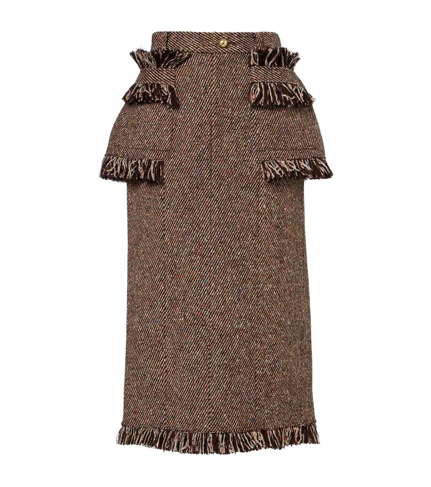 Sacai Fringed peplum tweed midi skirt
