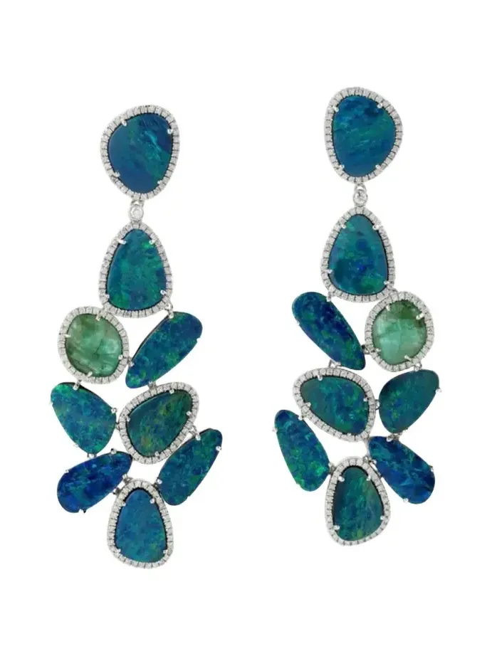 22.42ct Opal Emerald Diamond 18K Gold Earrings