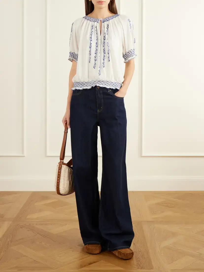 RRL Shirred Embroidered Cotton And Linen-blend Woven Blouse | Thumbnail 2 RRL Shirred Embroidered Cotton And Linen-blend Woven Blouse | Thumbnail 2