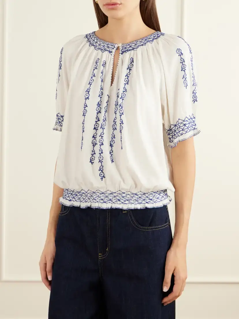 RRL Shirred Embroidered Cotton And Linen-blend Woven Blouse | Thumbnail 3 RRL Shirred Embroidered Cotton And Linen-blend Woven Blouse | Thumbnail 3