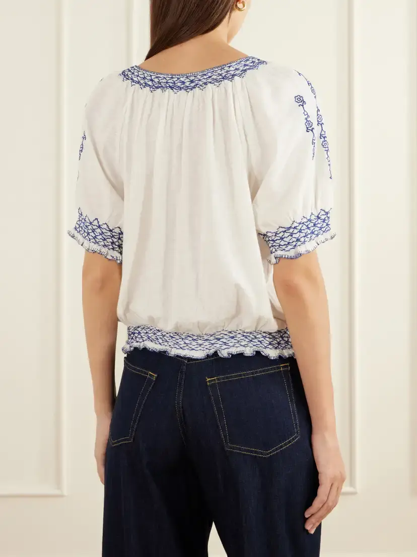 RRL Shirred Embroidered Cotton And Linen-blend Woven Blouse | Thumbnail 4 RRL Shirred Embroidered Cotton And Linen-blend Woven Blouse | Thumbnail 4