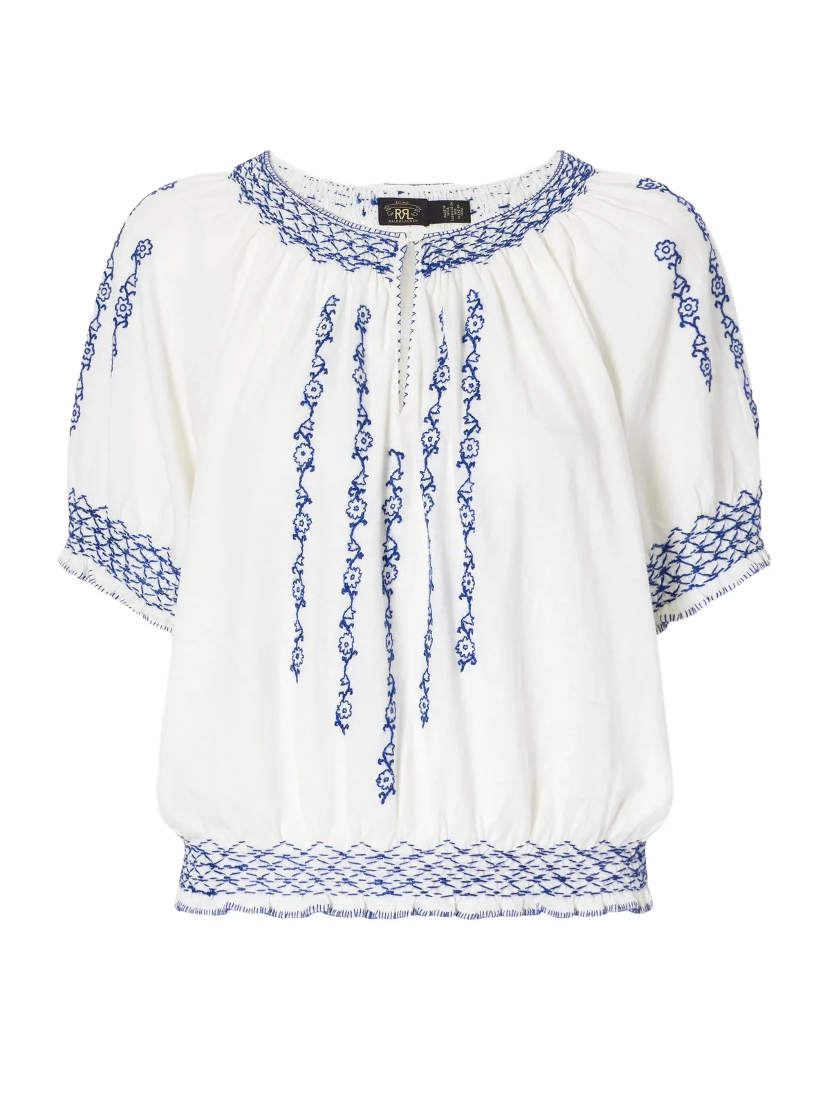 RRL Shirred Embroidered Cotton And Linen-blend Woven Blouse