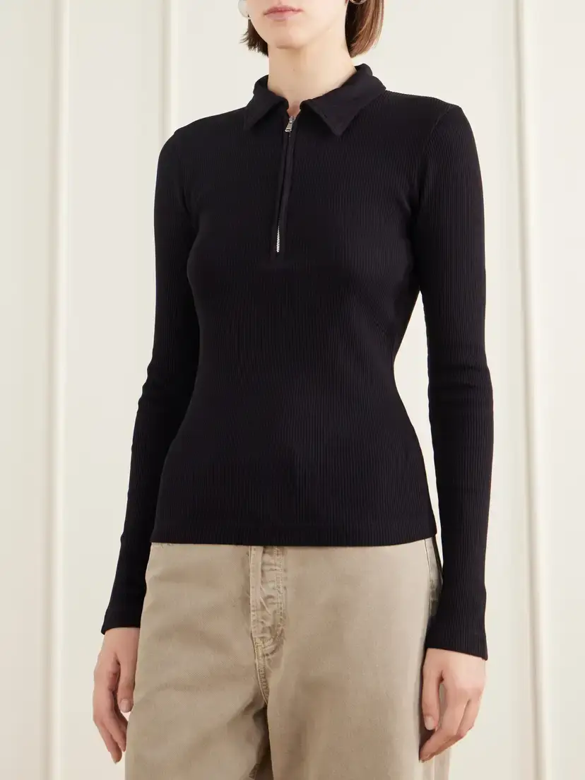 AGOLDE Amica Ribbed Stretch-cotton And Lyocell Tencel™ Blend Polo Shirt | Thumbnail 3