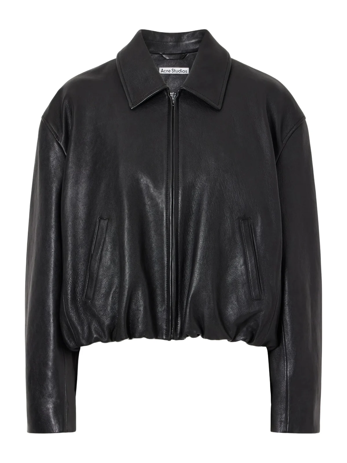 Cropped Gathered Logo-embossed Leather Bomber Jacket Cropped Gathered Logo-embossed Leather Bomber Jacket